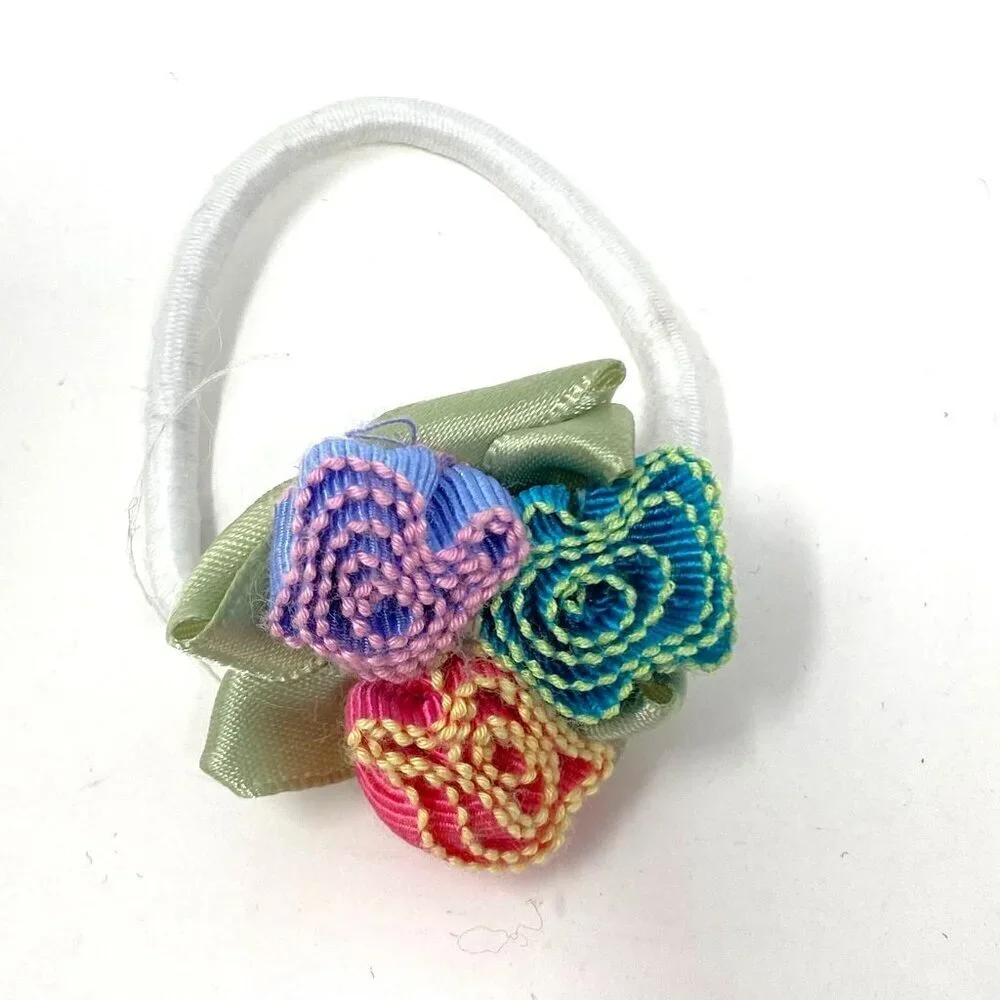 Trio Rosettes Pink Purple Blue Elastic Hair Tie Grosgrain Ribbon Kids Preowned